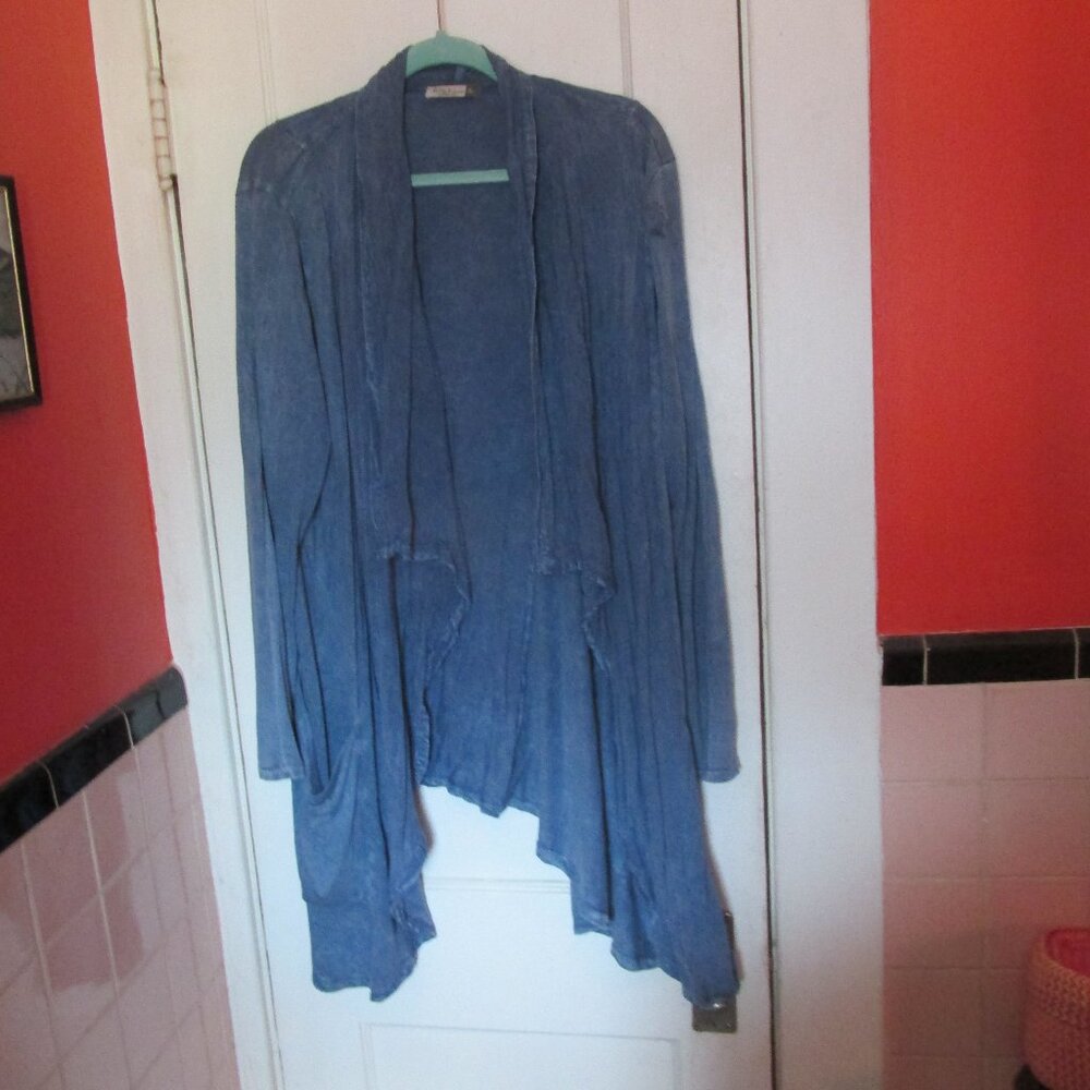 XL Chalet et Ceci Lightweight Open Front Waterfall Cardigan Boho Blue Lagenlook